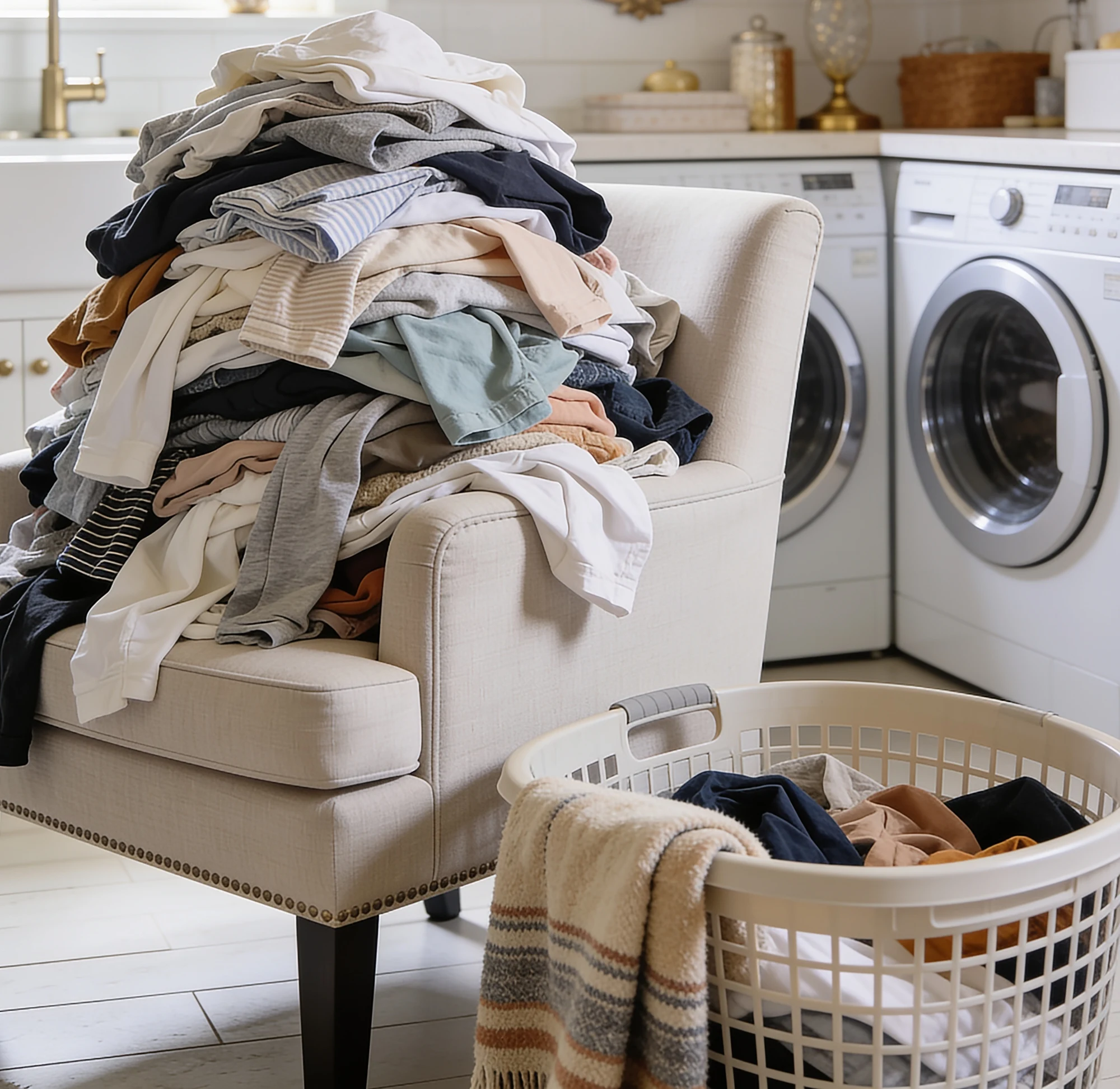 An armchair in a bright laundry room, buried under a tall pile of clean clothes, with a full laundry basket beside it