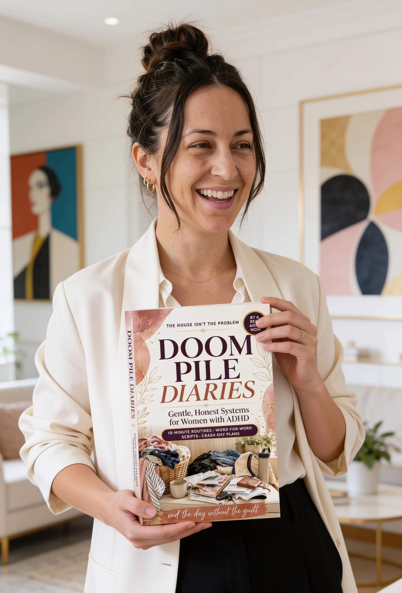 A smiling woman in a bright living room holding a copy of The Doom Pile Diaries